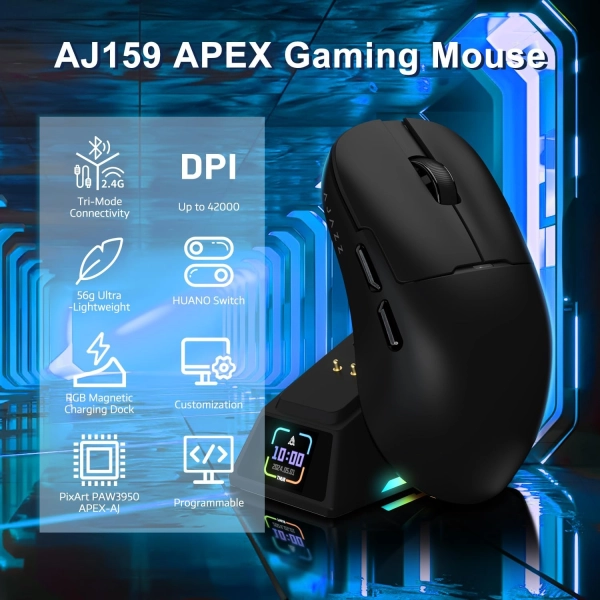 Бездротова магнітна миша Ajazz AJ159 APEX PAW3950 400 мАч RGB Чорна
