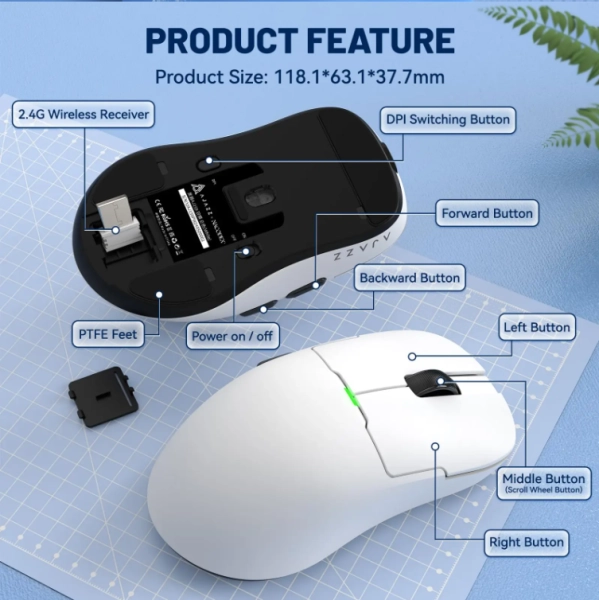 Бездротова легка магнітна миша Ajazz AJ159P 2.4G 26000 DPI RGB Біла