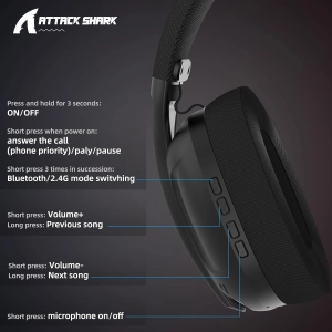 ATTACK SHARK L80 Легка бездротова ігрова гарнітура BT/2.4G/ 40 мм динаміки,Чорна