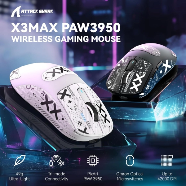 ATTACK SHARK X3 MAX PAW3950 Anti SLIP Wireless Gaming Mouse, біла