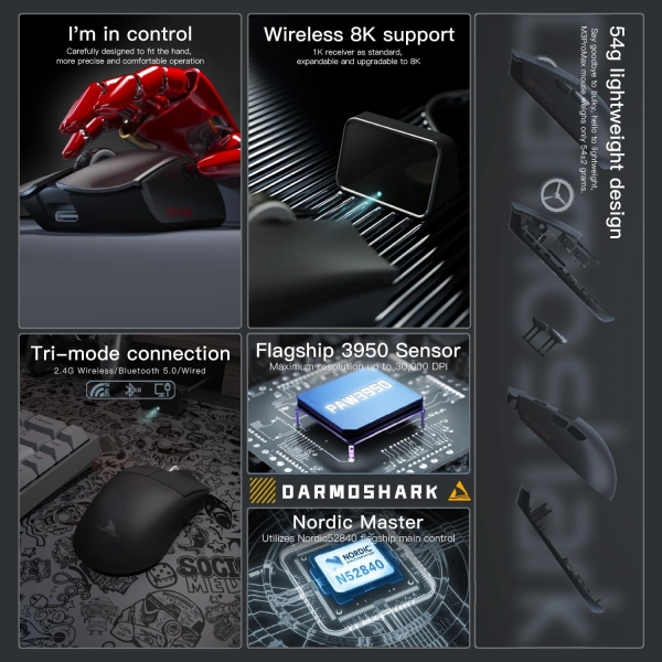 Darmoshark M3 PRO MAX PAW3950 Tri-Mode 2.4G/USB-C/Bluetooth Чорна