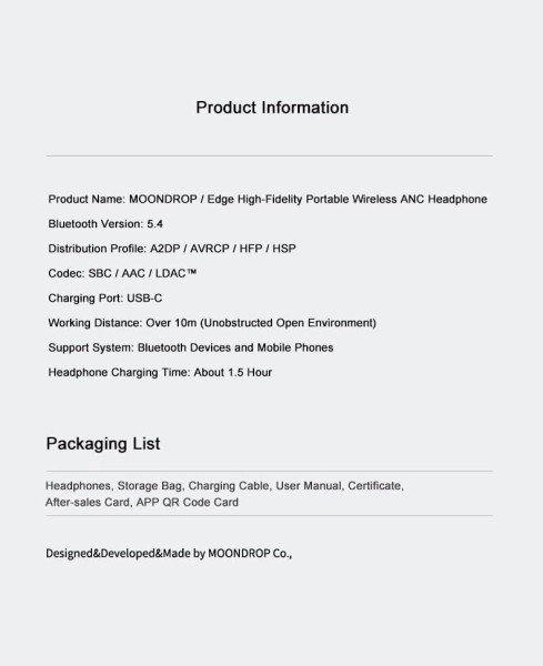 Бездротові навушники Moondrop Edge Hi-Fi з ANC, складні та легкі Grey