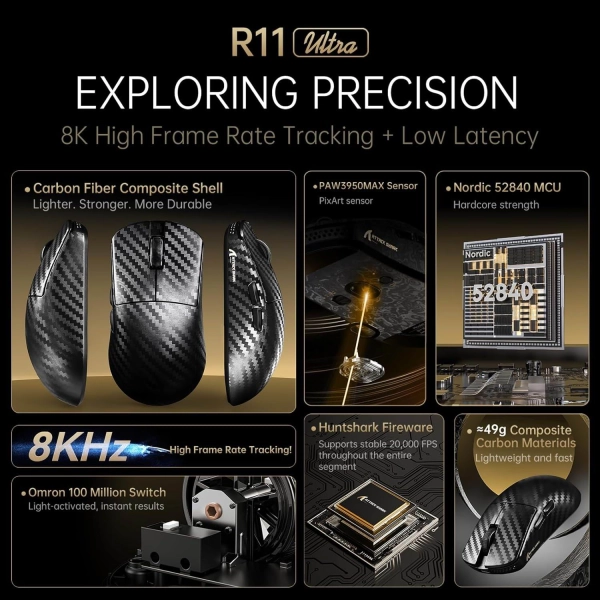 Миша ATTACK SHARK R11 ULTRA 42000 DPI, PAW3950 MAX, Carbon Shark, 8K,Black