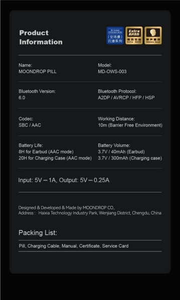 Навушники безпровідні Moondrop Pill Black-бездротові ENC, Bluetooth 6.0 Чорні