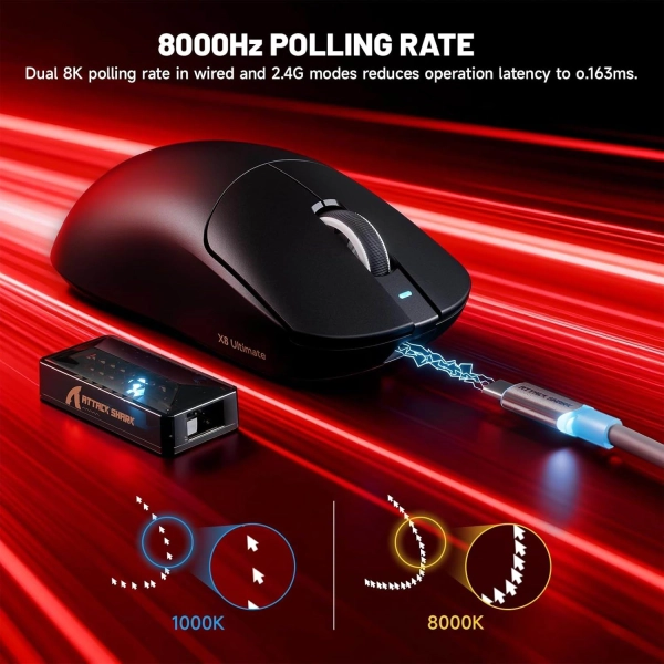 Миша ATTACK SHARK X8 Ultimate 42000 DPI PAW3950MAX,8K Sensor,Nordic 54L15 Black