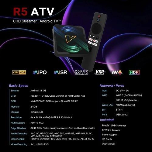 Vontar R5 4/64, Realtek RTD1325 Android 14 ATV, 4K Голос Управління