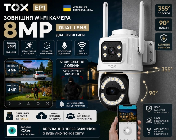 Зовнішня Wi-Fi камера TOX EP1 8MP iCSee з двома об'єктивами та автостеженням